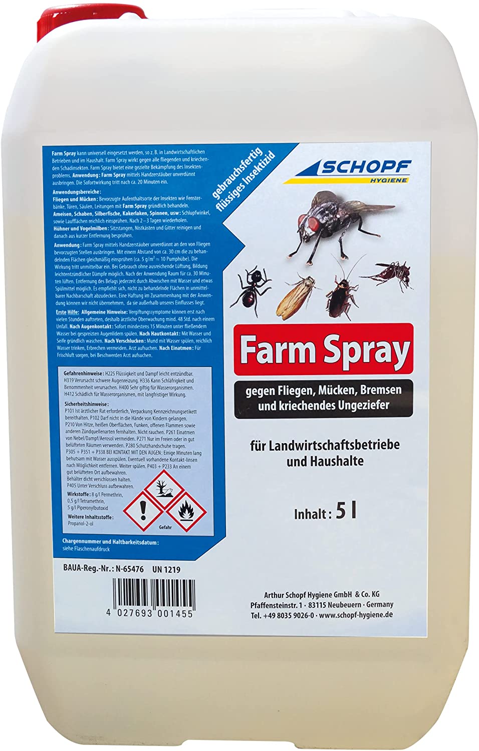 Farm Spray Gebrauchsfertiges Stallfliegenspray 5 L Kanister mit Sprühflasche 