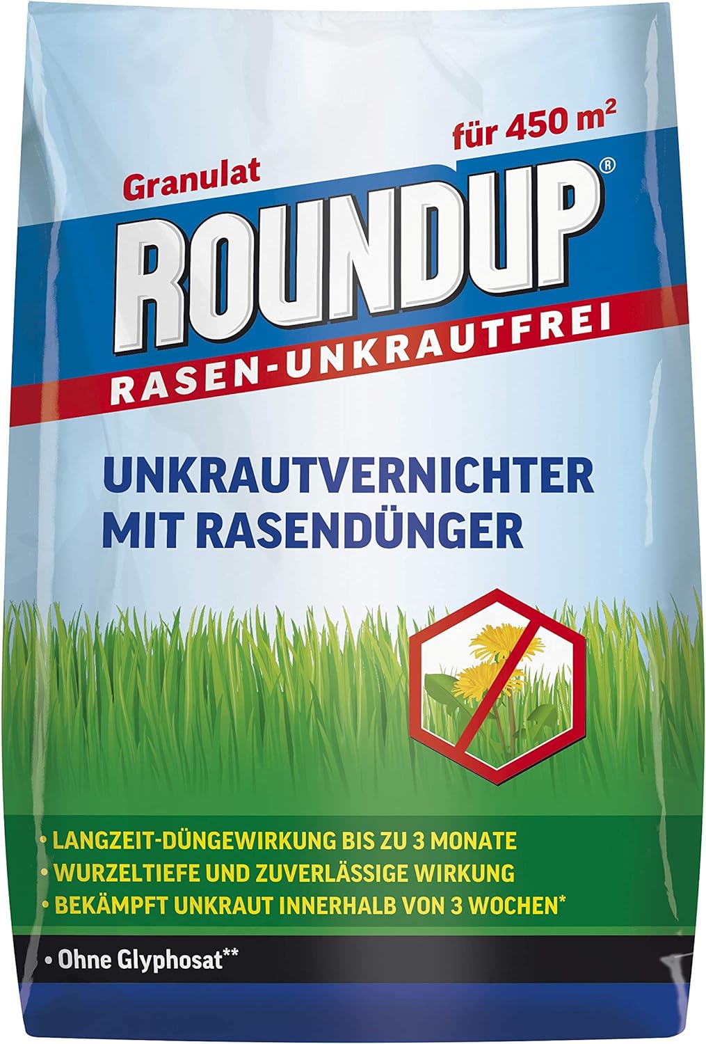 Roundup Rasen-Unkrautfrei Rasendünger, 2in1, Unkrautvernichter plus Dünger mit 100 Tage Langzeitwirkung, 9 kg für 450 m² 